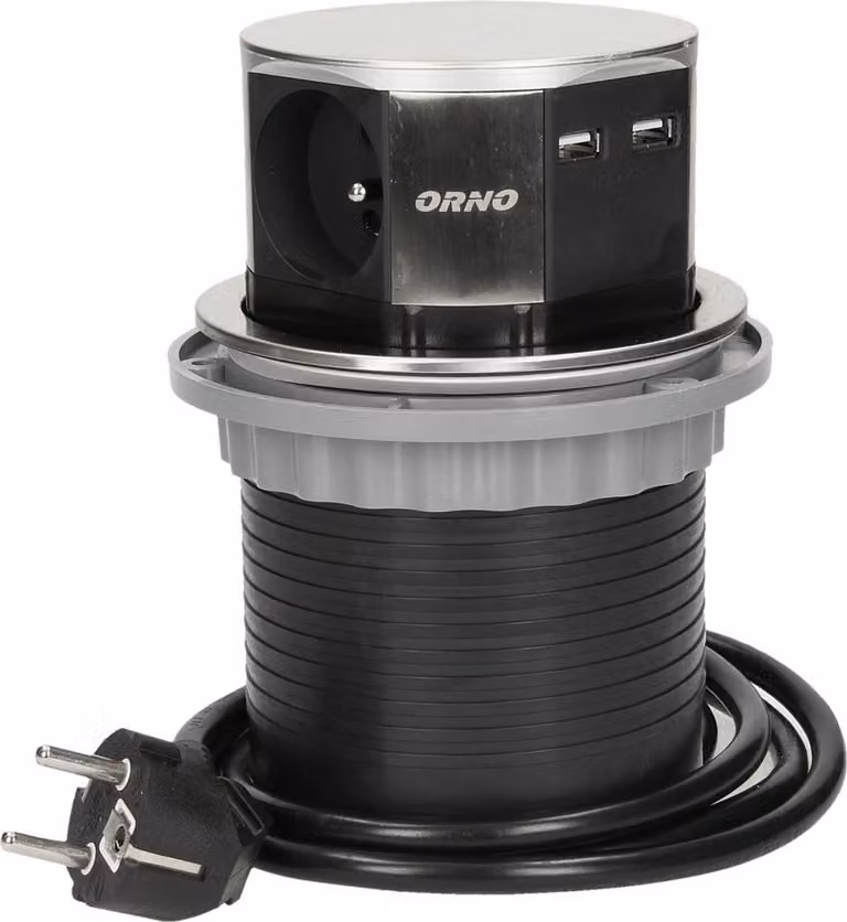 Blocco prese rotondo ORNO OR-AE-1381, 3x presa, 2x ricarica USB, acciaio inox, cavo 1,5 m
