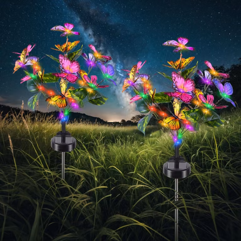 Set di 2 lampade solari a forma di farfalla, LED, grado di protezione IP65, colorate