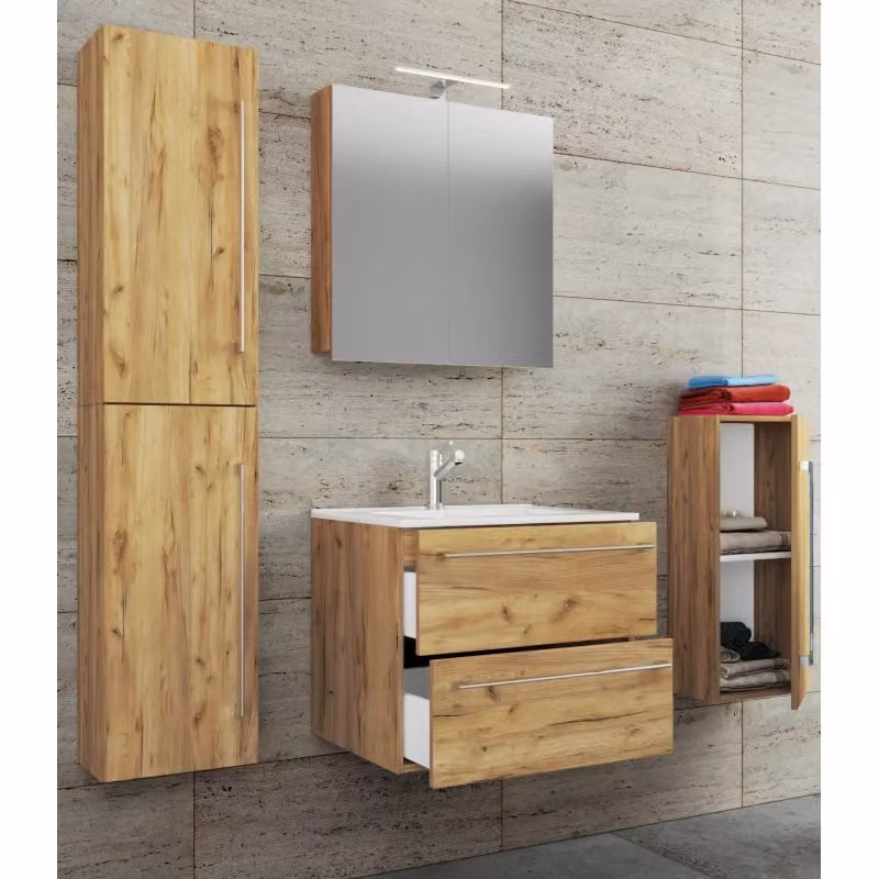 Set completo bagno Ezooza 5 pezzi moderno in rovere con lavabo in ceramica, mobile sospeso con 2 cassetti, colonna, mobile specchio con illuminazione LED e mobile laterale, marrone – 2