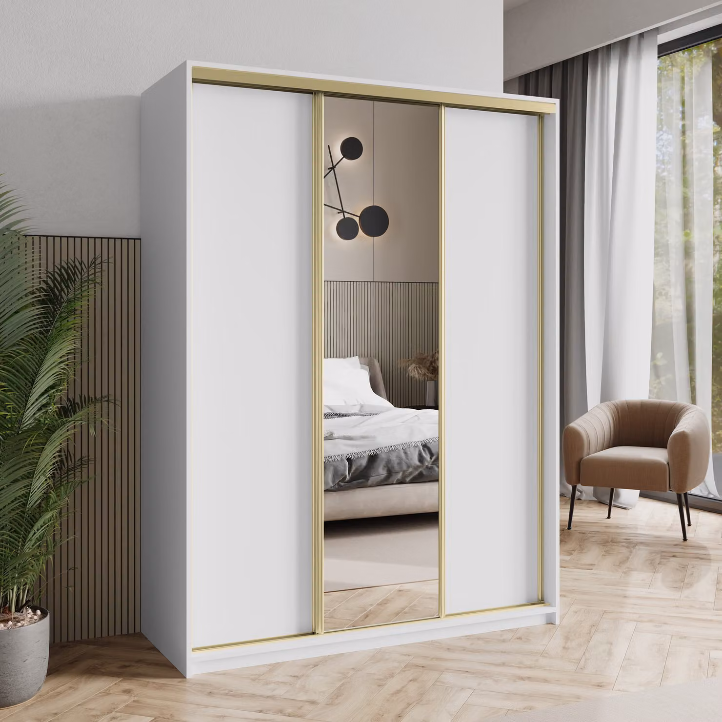 Armadio scorrevole Masseno TAVI 150/205/60 cm Armadio con cassetti Armadio per camera da letto a 3 ante con specchio Bianco + Oro