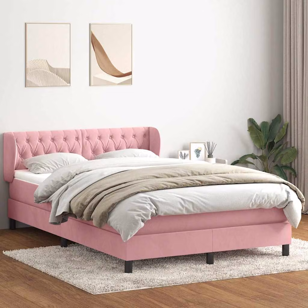 vidaXL Giroletto a Molle con Materasso Ibrido in Velluto Rosa e Bianco L: 147 cm, P: 223 cm, H: 88 cm