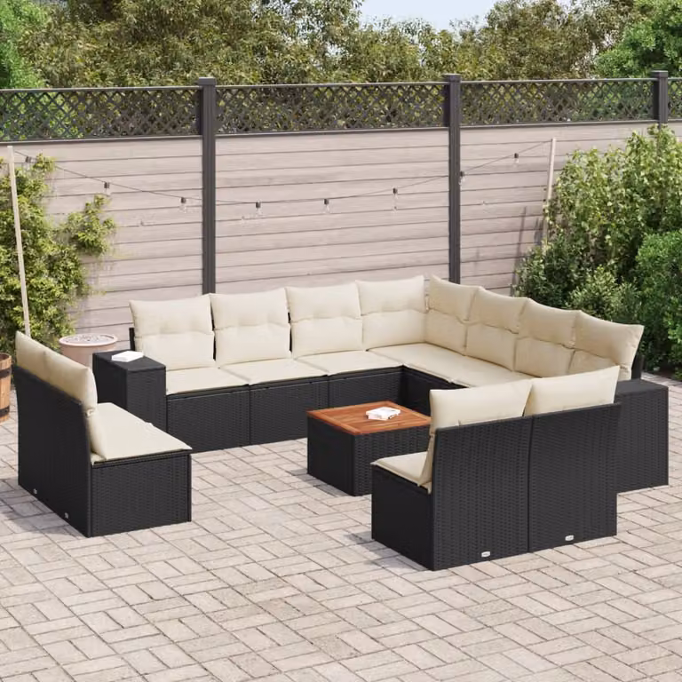 vidaXL Set Divani da Giardino 12 pz a forma di U in Polyrattan Nero con Cuscini e Tavolino da Esterno