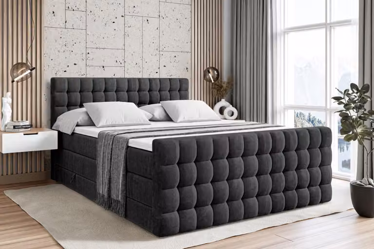Letto boxspring ALTDECOR con materasso e rete a doghe - VIONE -Z KING - 160x200 cm - Velluto nero - Coprimaterasso, testiera, letto imbottito con contenitore, letto con vano portaoggetti H3 e H4 - Materasso, letto matrimoniale, letto boxspring