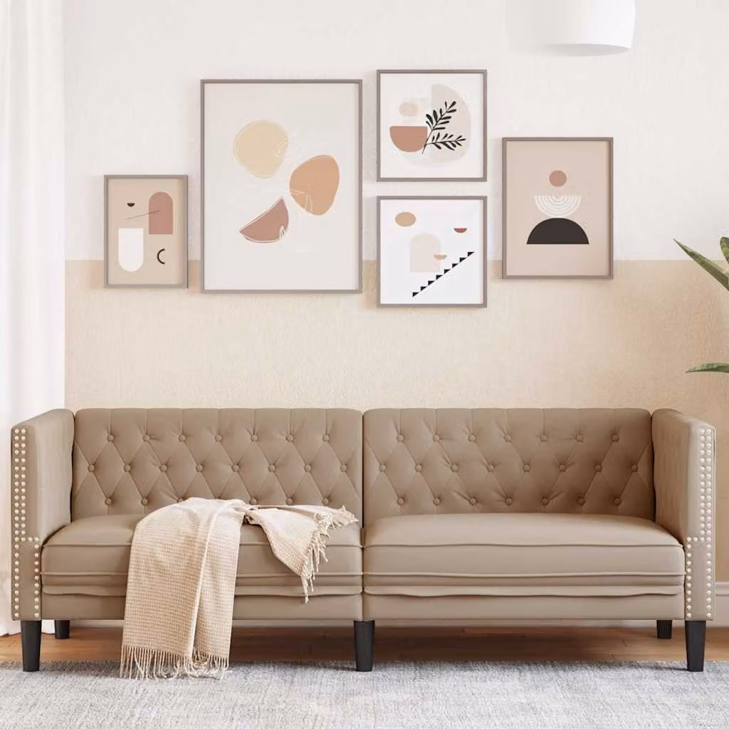 vidaXL Poltrona Chesterfield a 3 Posti in Similpelle Colore Beige/Marrone L: 194 cm, H: 74,5 cm, P: 70,5 cm