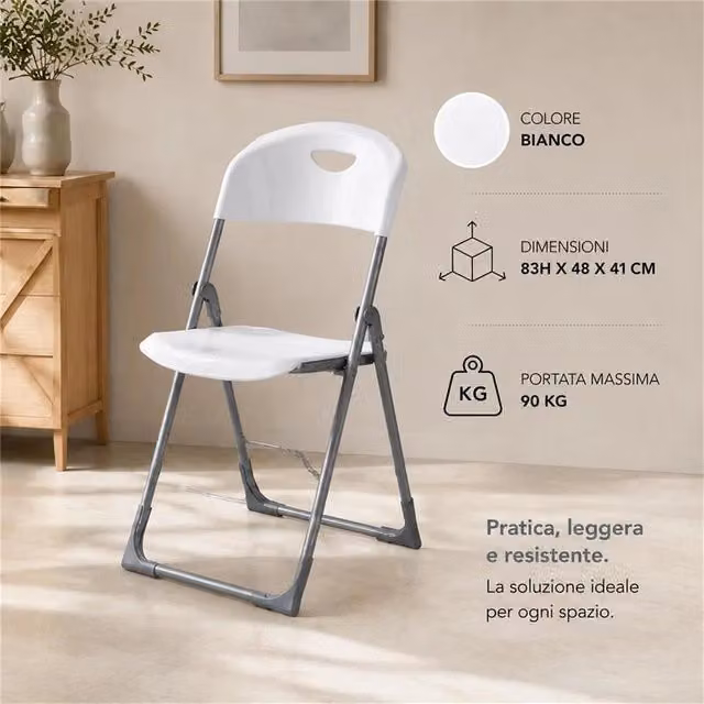 Set di 4 sedie pieghevoli Maury's in polipropilene bianco, impilabili e moderni, H 83 x L 48 x P 41 cm