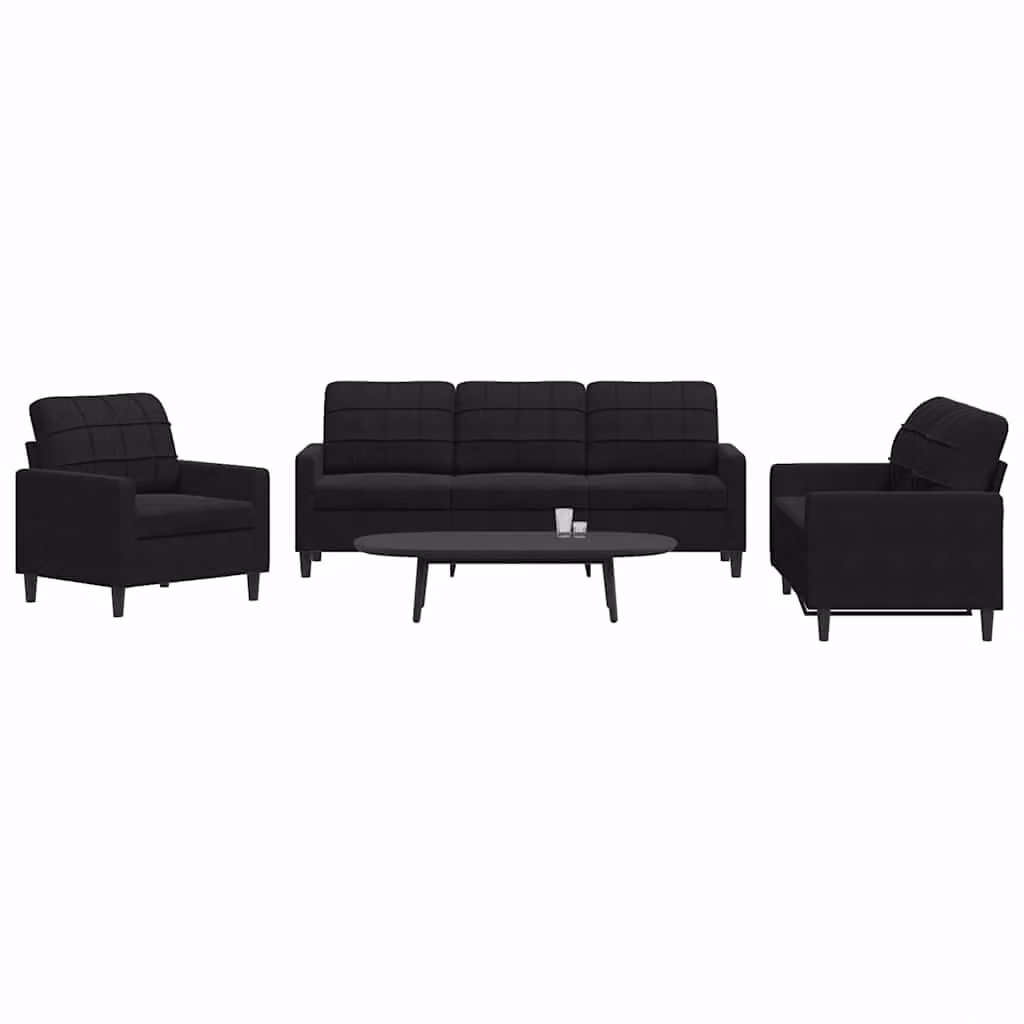 Set di divani 3 pezzi vidaXL in velluto nero con cuscini e struttura in metallo per soggiorno – 1