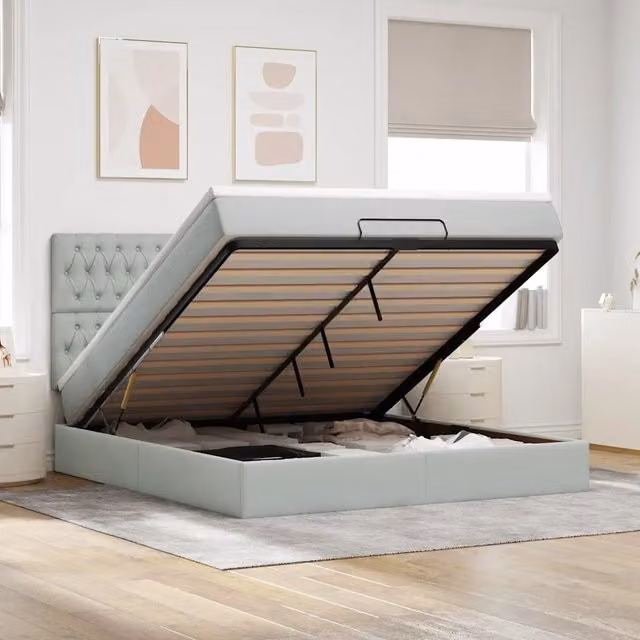 Letto con contenitore a sollevamento vidaXL in velluto con materasso L: 180 cm, P: 200 cm, H: 203 cm, disponibile in grigio o bianco – 1