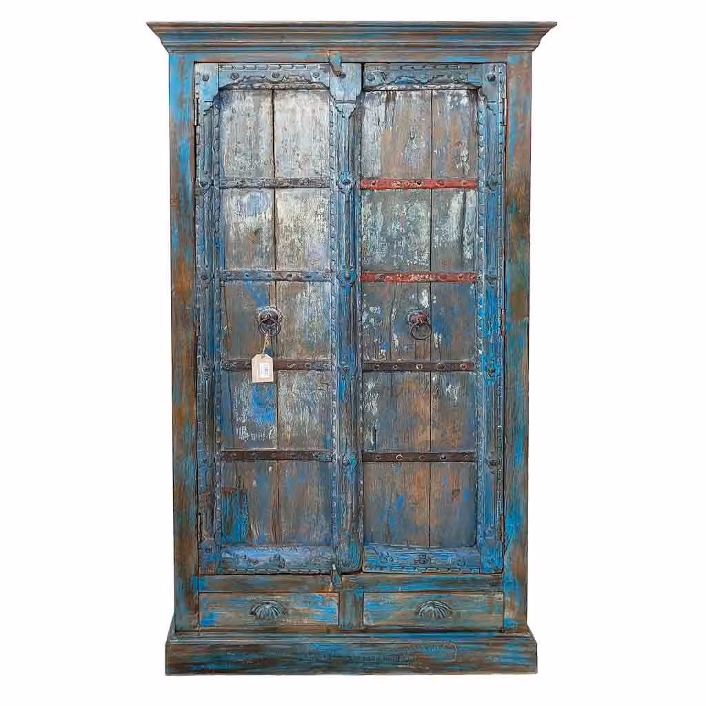 Armadio in legno laccato blu WANDERLUST DECO con ante a battente, stile rustico, L: 91 cm, P: 38 cm, H: 188 cm – 2