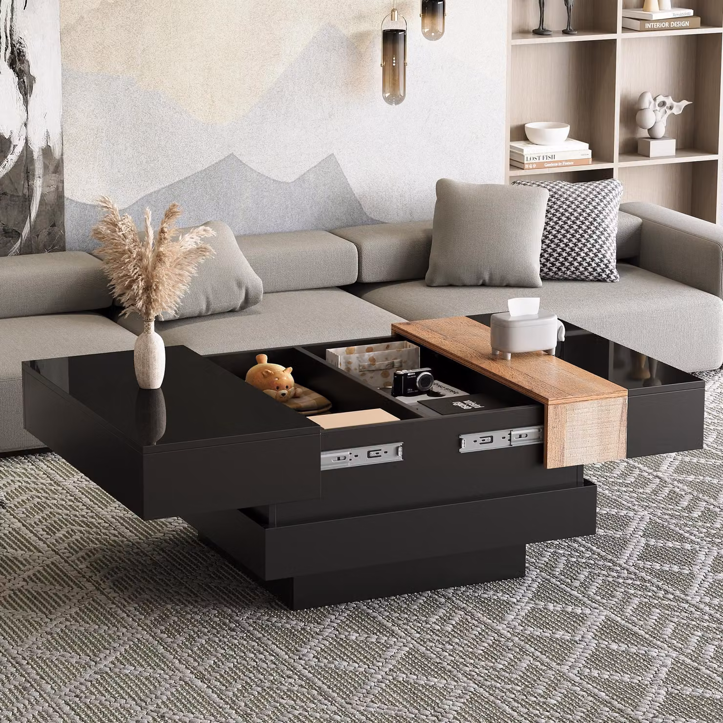 okwish tavolino quadrato da salotto con spazio di archiviazione nascosto, tavolo per feste natalizie con guida estraibile in tre parti, con design a blocchi di colore, nero