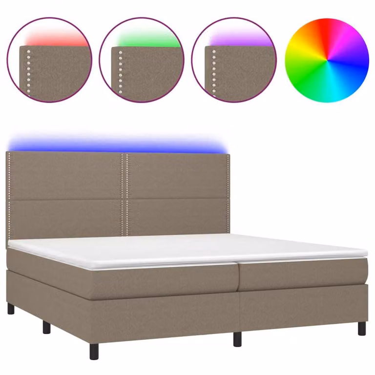 Letto a Molle Materasso e LED tortora 200x200cm in Tessuto