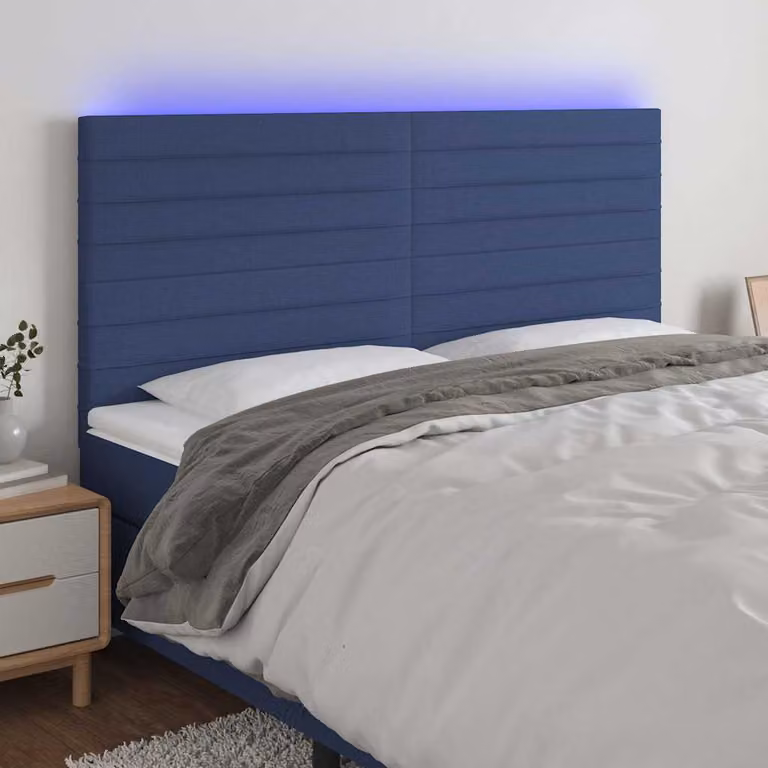 Testiera con LED e porta USB vidaXL in tessuto blu, L: 200 cm, P: 5 cm, H: 118-128 cm