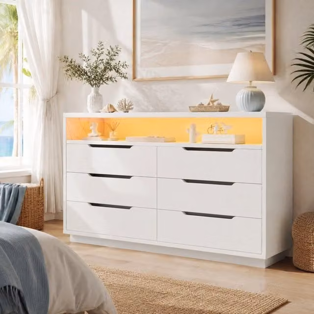 Credenza bianca con LED, 6 cassetti e vano aperto effetto marmo, 120 x 40 x 85 cm