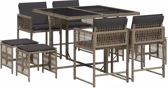 Set da Pranzo da Giardino 9 pz | Set Salotto da Giardino con Cuscini in Polyrattan Grigio