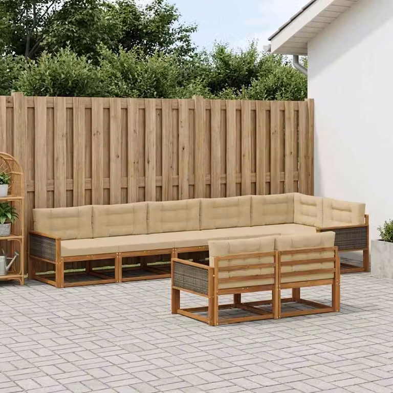 Set di divani da esterno vidaXL 8 pezzi in legno di acacia con pouf e cuscini, colore beige e marrone
