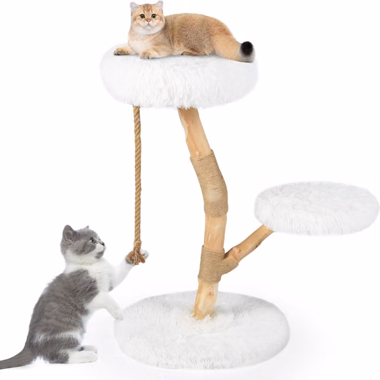 Albero per gatti FANTASK da 90 cm, realizzato in legno massello, con 3 superfici imbottite in peluche e rivestito in juta
