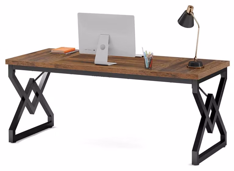Scrivania da 160 cm con piano in legno extra spesso e struttura in metallo, colore marrone rustico