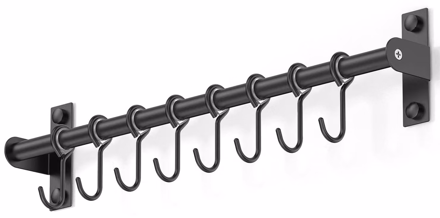 Omgoods - Sistema a binari da parete - Acciaio inossidabile - 8 ganci scorrevoli - Montaggio adesivo/con viti - 40,8 cm - Nero - Portaoggetti da cucina
