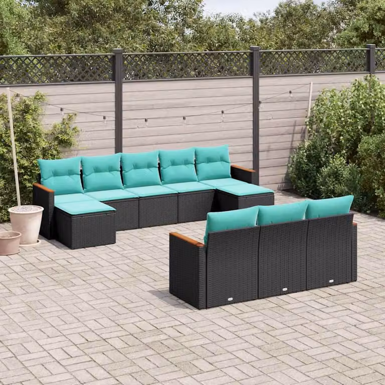 Set di divani da giardino vidaXL a forma di U composto da 10 pezzi con cuscini blu e struttura in polyrattan nero e acciaio con coperture rimovibili
