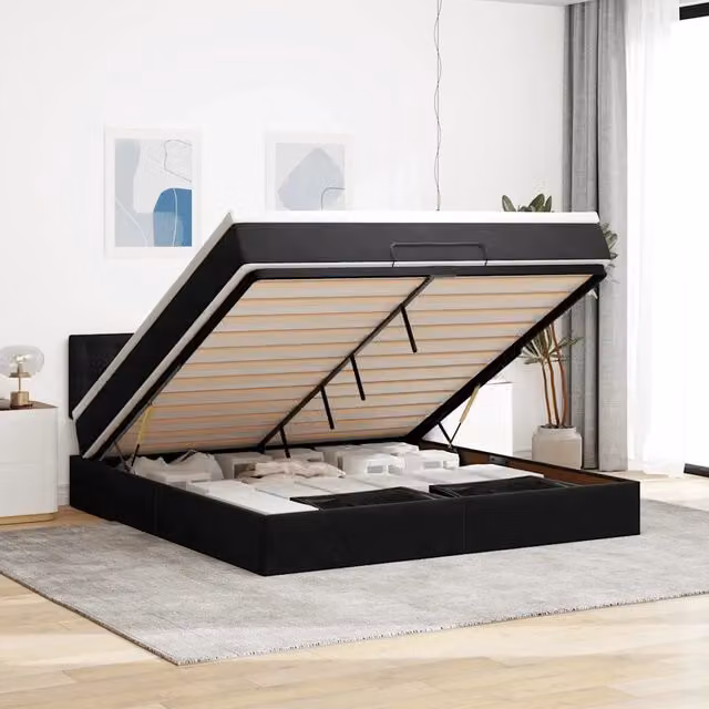 Letto con contenitore a sollevamento vidaXL in velluto nero e bianco L: 180 cm, P: 200 cm, H: 203 cm