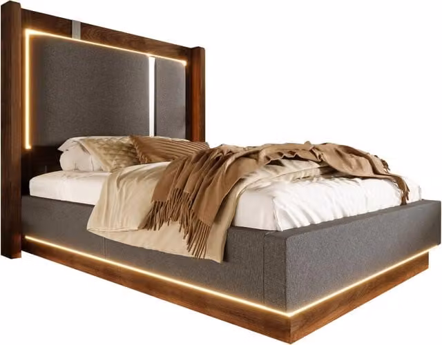 Letto singolo 90x200 cm con contenitore e LED; grigio e noce; in lino; legno e metallo