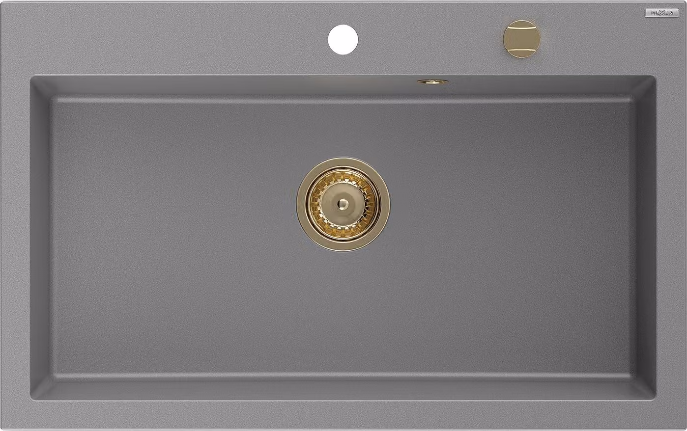 Mexen Elix lavello da cucina in granito 1 vasca 800 x 500 mm, grigio, sifone dorato - 6527801005-71-G