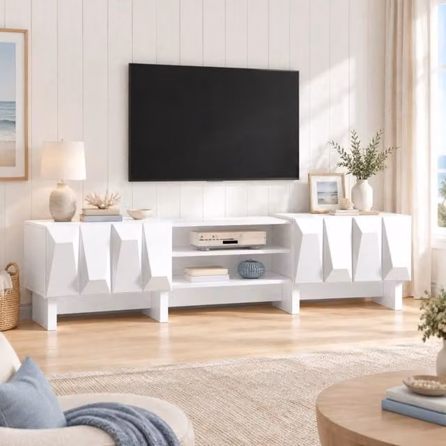 Mobile porta TV con 4 ante 2 vani aperti e passacavi rialzato per soggiorno in truciolato bianco 180 × 34 × 44,5 cm