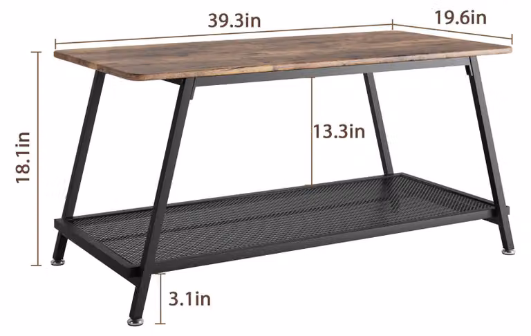 Tavolino da salotto in stile industriale - Tavolino rettangolare - A 2 piani con ripiano a griglia - Struttura in legno - Colore marrone rustico