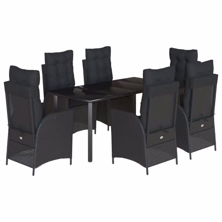 Set da Pranzo da Giardino 7 pz Nero con Cuscini in Polyrattan