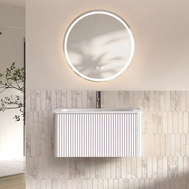 Set Mobile Bagno Bianco: Lavabo 80 cm con Mobile Sospeso e 1 Cassetto, Specchio LED Rotondo 80 cm, Preassemblato