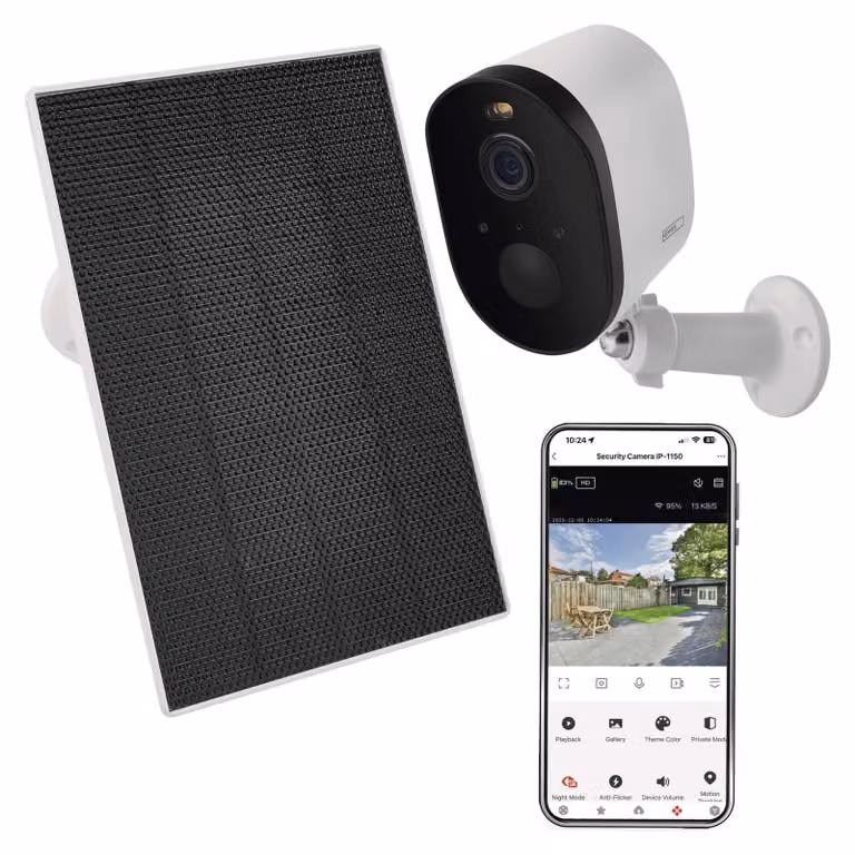 Telecamera da esterno EMOS GoSmart con Wi-Fi e pannello solare, telecamera di sicurezza wireless da 5MP, obiettivo grandangolare da 135°, visione notturna, grado di protezione IP44, controllo tramite app, modello H4073