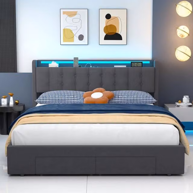 Letto matrimoniale imbottito 160x200 cm grigio scuro in velluto con contenitore, cassetti, LED e porta USB