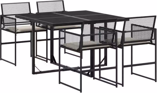 Set da Pranzo da Giardino 5 Pezzi in Polyrattan Nero con Piano in Vetro e Cuscini Bianchi