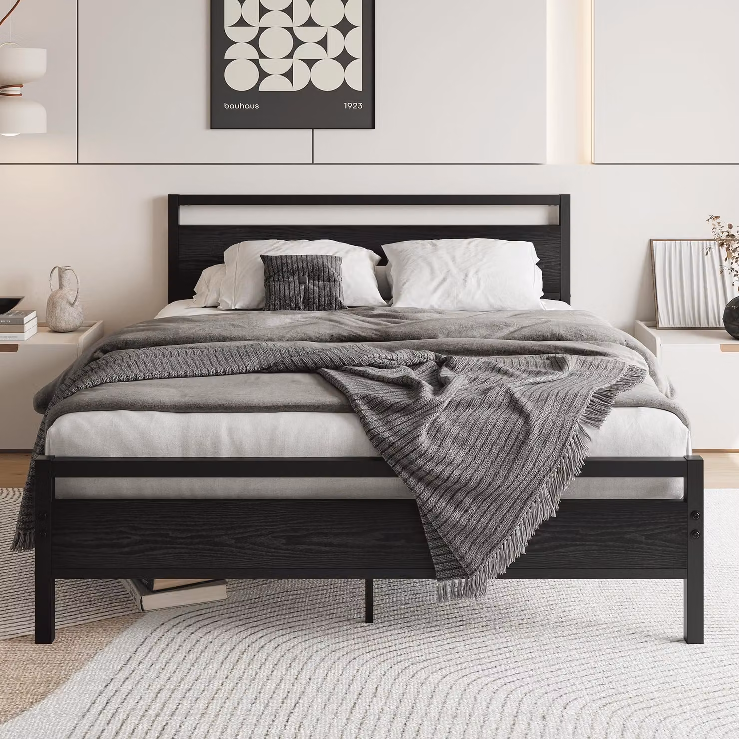 Letto in metallo 140x200 cm con rete a doghe, colore nero, robusto
