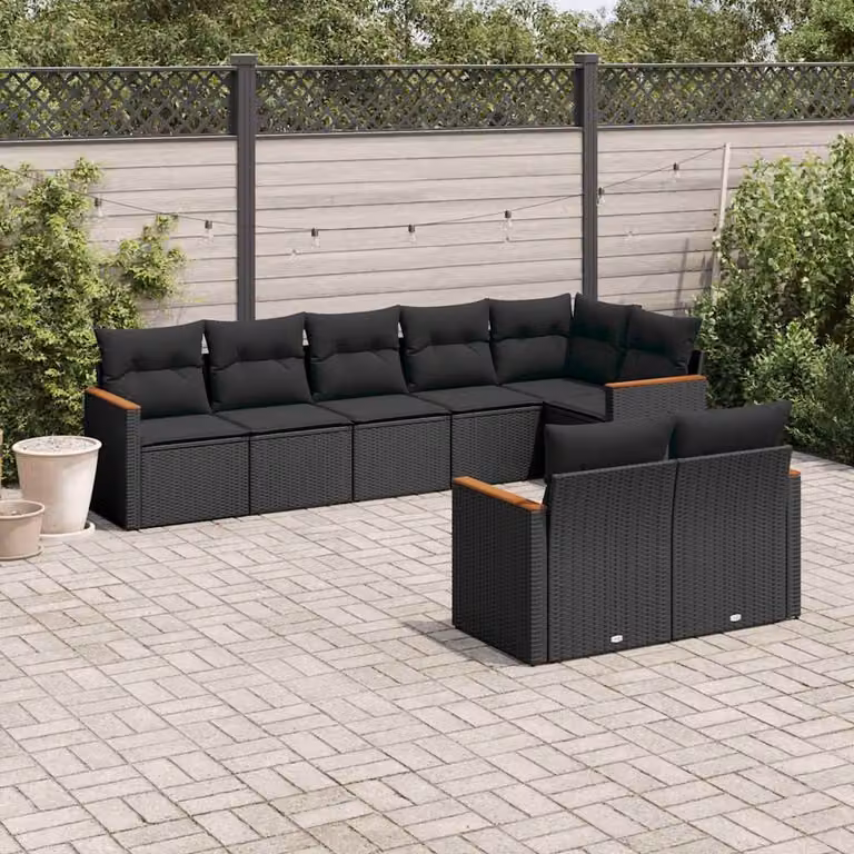 vidaXL Set Divani da Giardino a L in Polyrattan Nero con 8 Cuscini e Rivestimenti Rimovibili