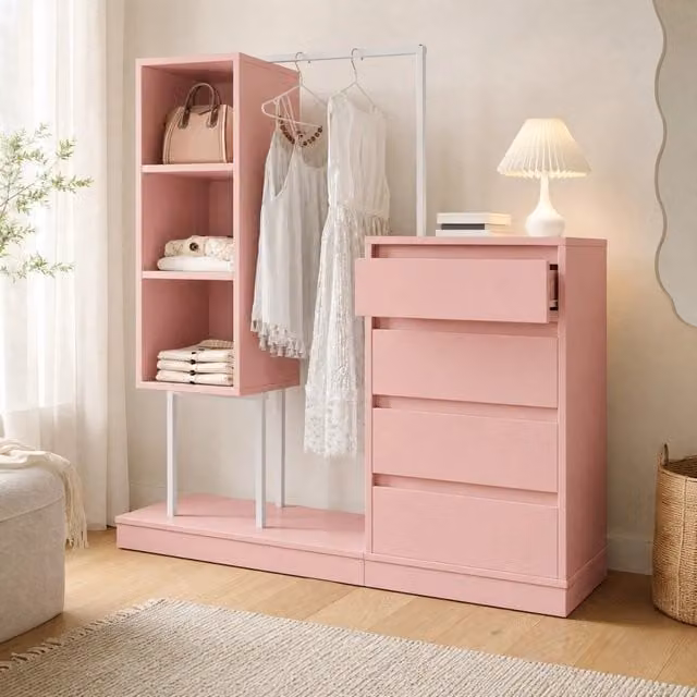 Armadio organizzatore con 4 cassetti; ripiani aperti e barra appendiabiti 100x40x135 cm rosa e bianco