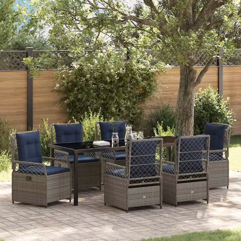 Set da pranzo per giardino e terrazza vidaXL in polyrattan e vetro, 7 pezzi, Grigio