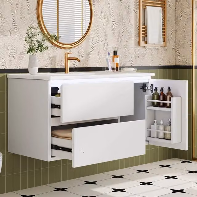 Mobile lavabo sospeso 91,5x46,5x50,5 cm con lavandino in ceramica bianco, verniciatura di qualità, luce LED a sensore radar, vano porta e 2 cassetti con guide silenziose