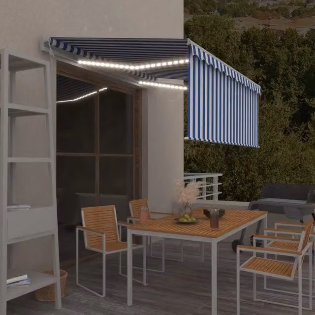 Tenda Parasole Automatica Videx con LED, Sensore Vento e Telecomando, Blu e Bianco, L: 300 cm, H: 120 cm – 1