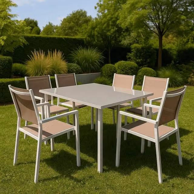 Tavolo da giardino rettangolare PRIMAVERA Art-Garden in acciaio verniciato a polvere e vetro, grigio e beige