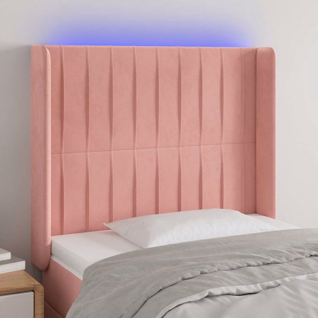 Testiera per letto vidaXL in velluto rosa con illuminazione LED integrata e porta USB, L 103 cm, P 16 cm, H 118-128 cm