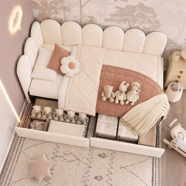 Letto singolo REDOM in velluto beige con struttura imbottita e 2 cassetti, L/P/H: 190 x 90 x 76 cm
