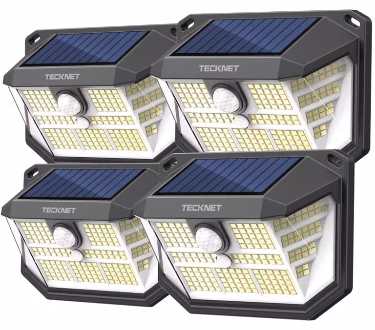 Set di 4 luci solari, 231 LED, angolo di illuminazione 300°, grado di protezione IP65, sensore di movimento, 3465 lumen