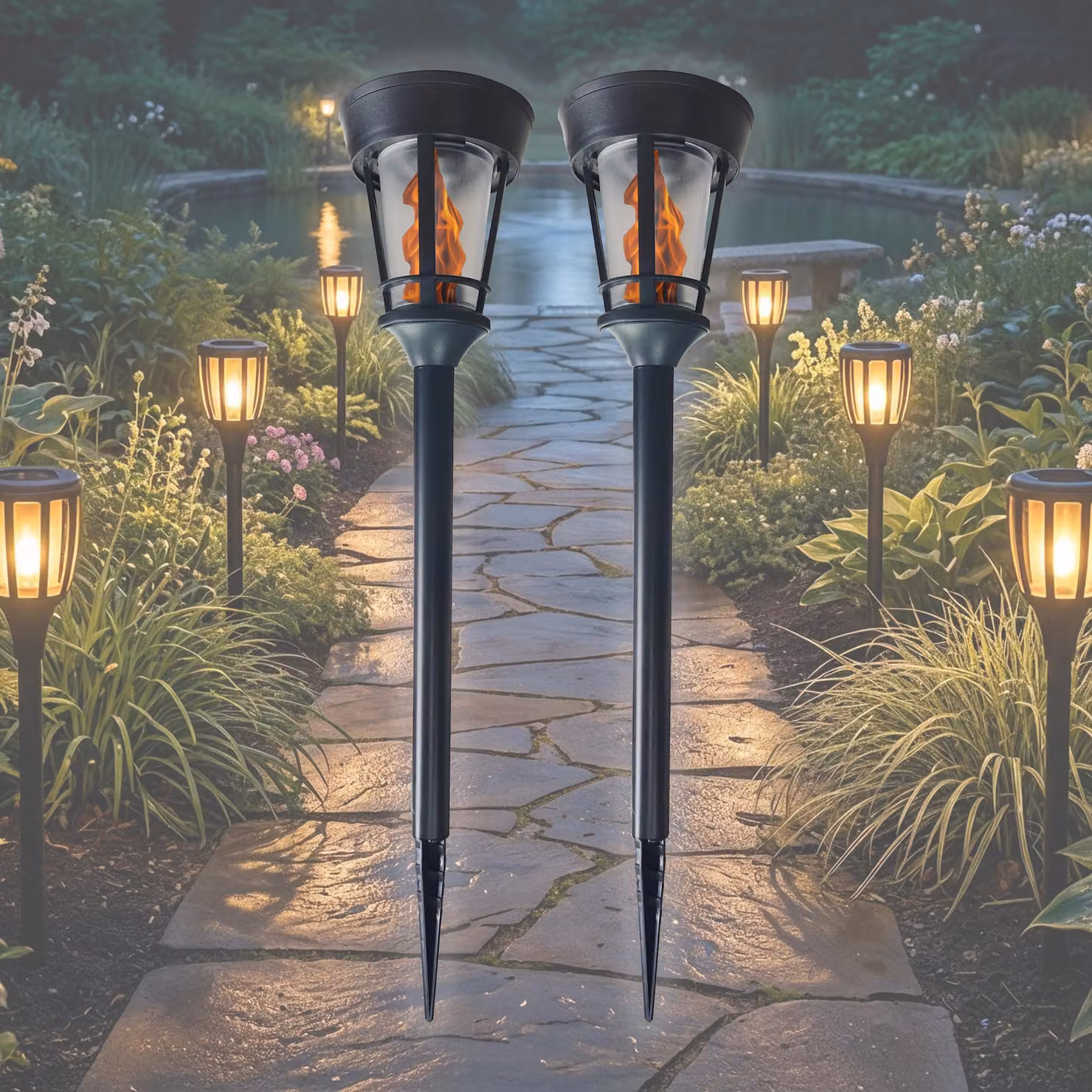 Set da 2 lanterne solari a LED con effetto fiamma, grado di protezione IP44, colore nero opaco