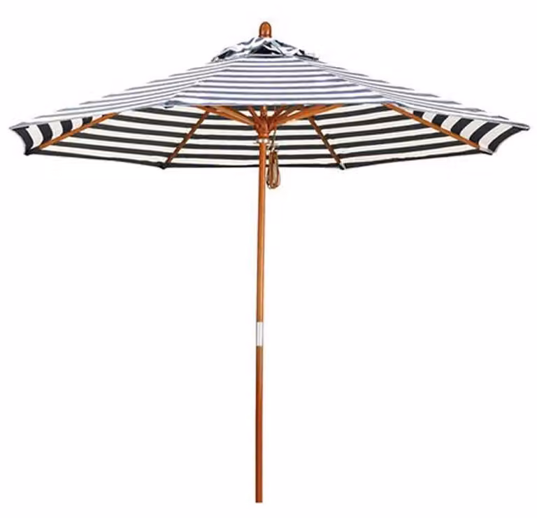 Ombrellone rotondo, diametro 270 cm, struttura in legno, motivo a righe bianche e nere, pieghevole, 8 stecche, senza base