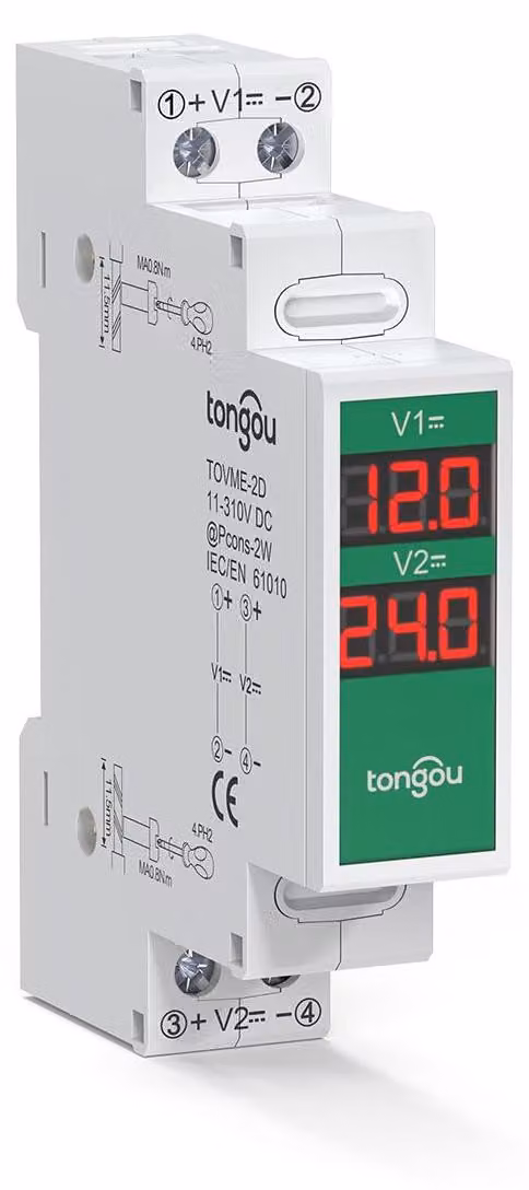Volmetro per guida DIN, DC 11~310V, misuratore di tensione digitale con 2 canali