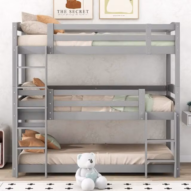 Letto a castello triplo per bambini 90x200 cm; separabile; in pino e MDF grigio per cameretta