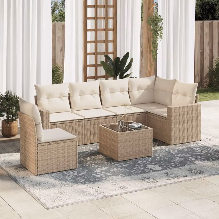 Set di divani da giardino vidaXL in polyrattan beige con cuscini e tavolino da esterno a forma di L