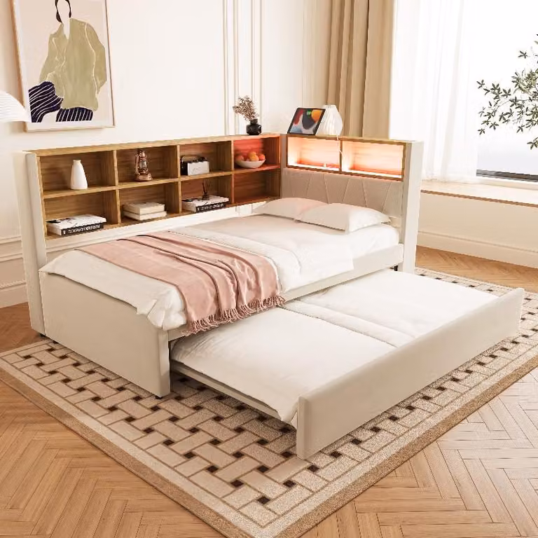 Divano letto 90x200 cm con letto estraibile 90x190 cm, rivestito in flanella color beige, con illuminazione LED, porta USB di tipo C e presa di corrente, dotato di vani portaoggetti