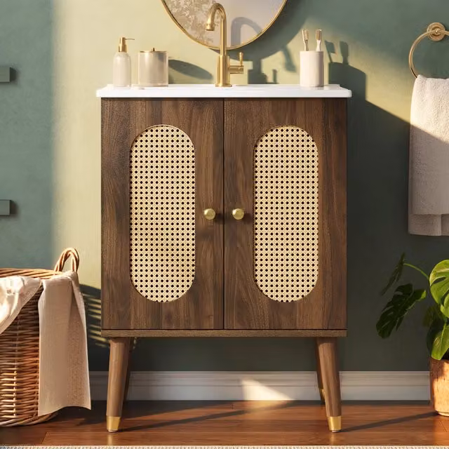 Mobile sottolavabo con lavabo in ceramica 2 ante in rattan e 2 ripiani fissi per bagno MDF noce 61 × 47 × 89 cm