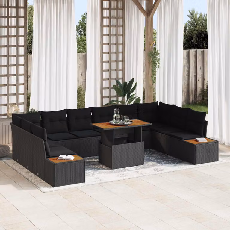 Set Divano da Giardino Moderno vidaXL in Rattan e Metallo, 11 Pezzi, Nero Opaco